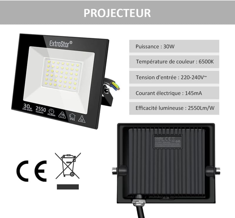 Extrastar LED Kültéri Reflektor 30W - IP65 Vízálló Biztonsági Világítás, 2550lm, 6500K Hideg Fehér, Kertbe, Teraszra (2 db)