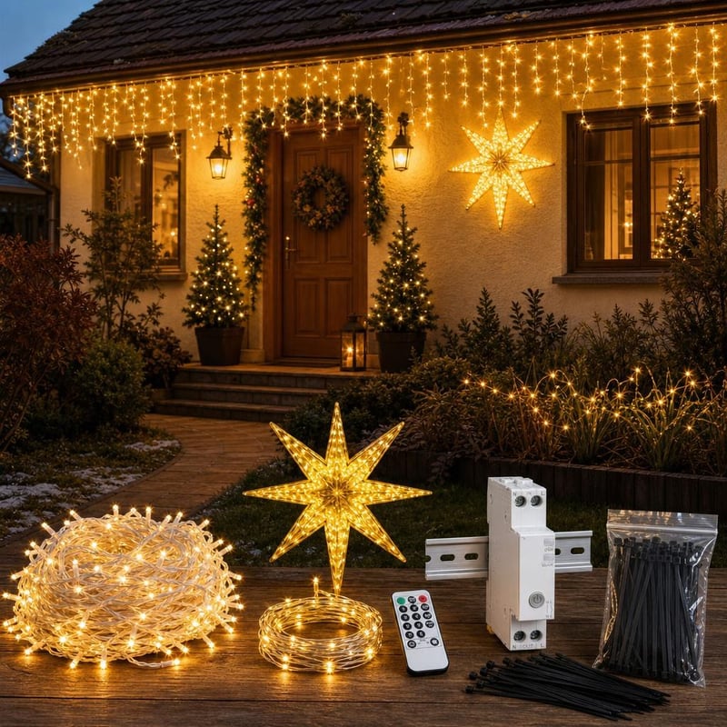 Decemberi fényvarázs: jégcsap fényfüggöny + tündérfény + LED csillag + okos időzítő + kábelkötegelő