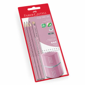 Set creioane Faber-Castell Grip 2001 Rose Shadows, 5 piese – incomplet: lipsește creionul gros, creionul 2B este deteriorat (stare: vezi a 2-a imagine)