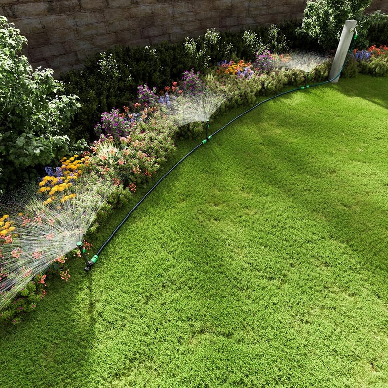 RESTMO Kerti Öntözőrendszer 10M  - 360° Állítható Locsoló Földi Tüskével, Gyorscsatlakozós Szett  - Gartensprinkler & Schlauch-Set, Green