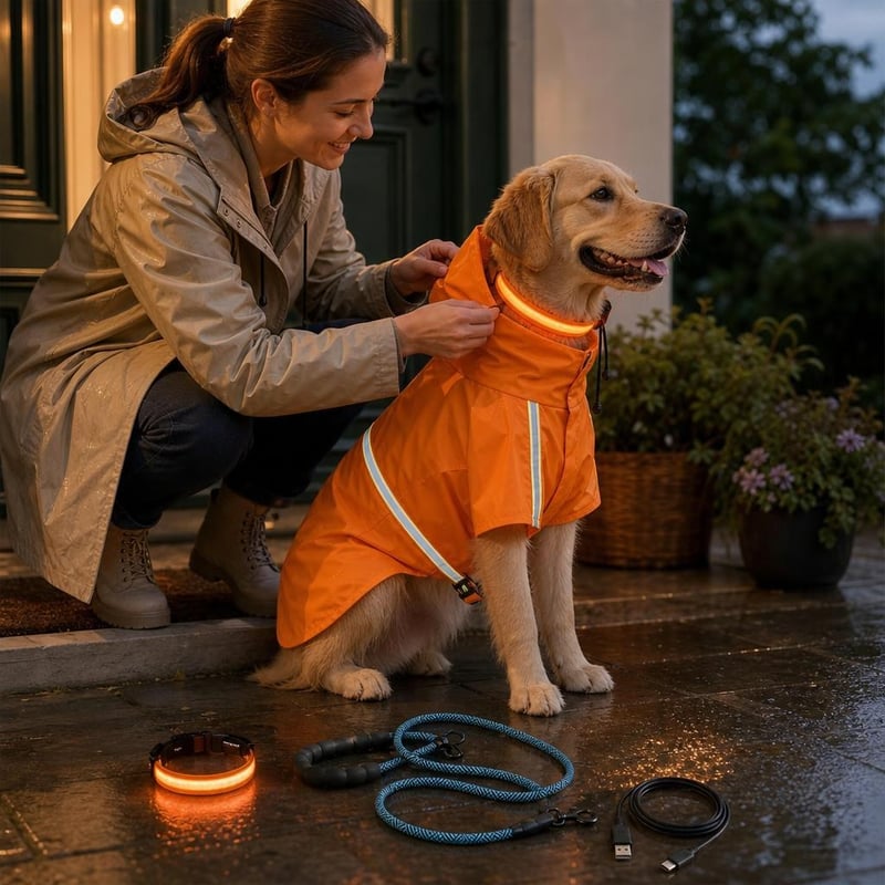 Set za večernje šetnje: vodootporna kabanica + LED ogrlica + reflektirajuća povodac + USB kabel