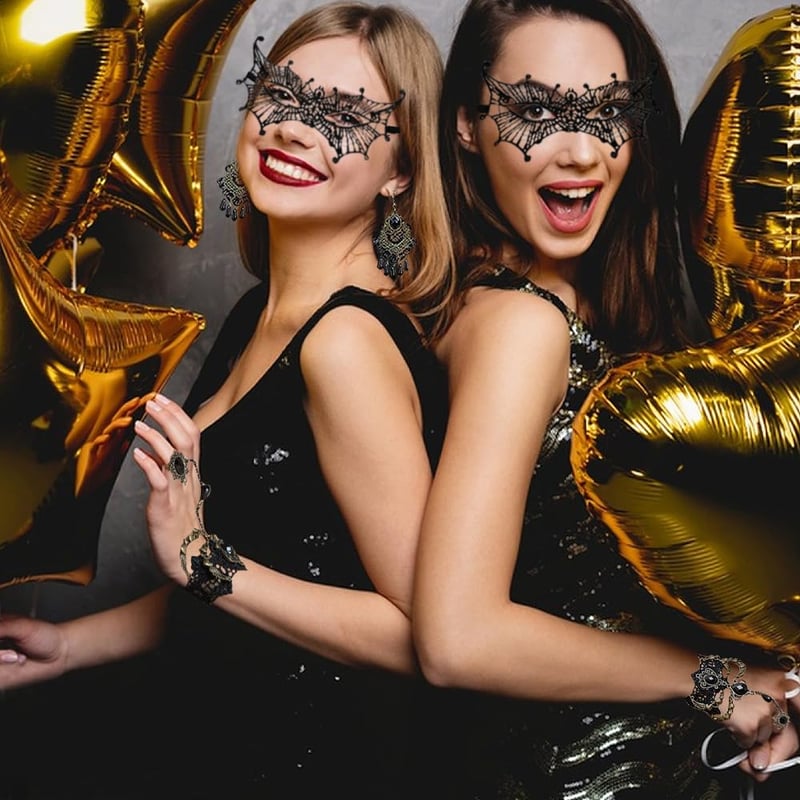 Gótikus Halloween Női Paróka Szett Csipke Maszkkal és Kesztyűvel