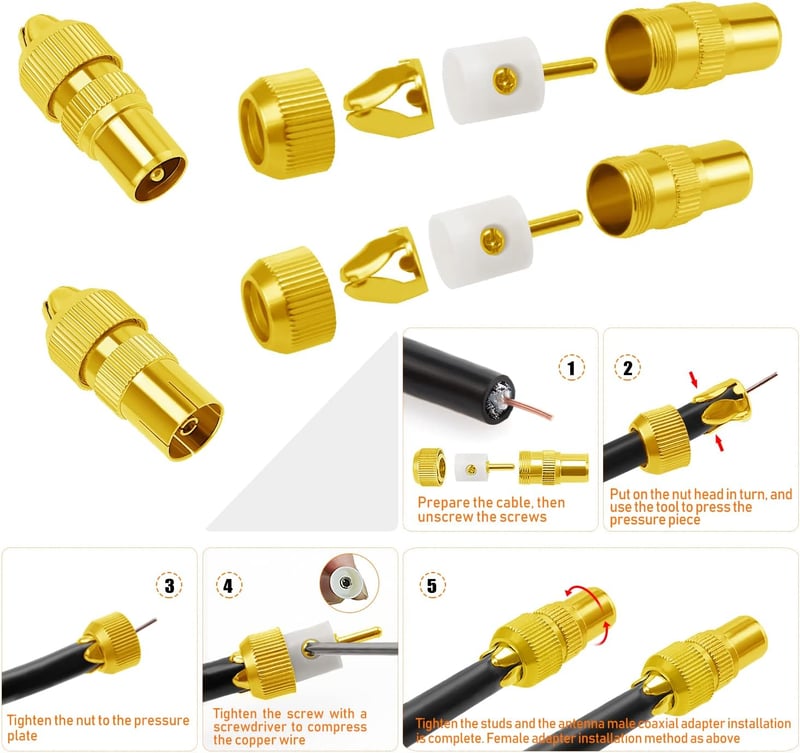 KUOQIY 10 db Aranyozott TV Koaxiális Csatlakozó Készlet - 5 Aljzat és 5 Dugó Adapter RF Antenna Kábelekhez