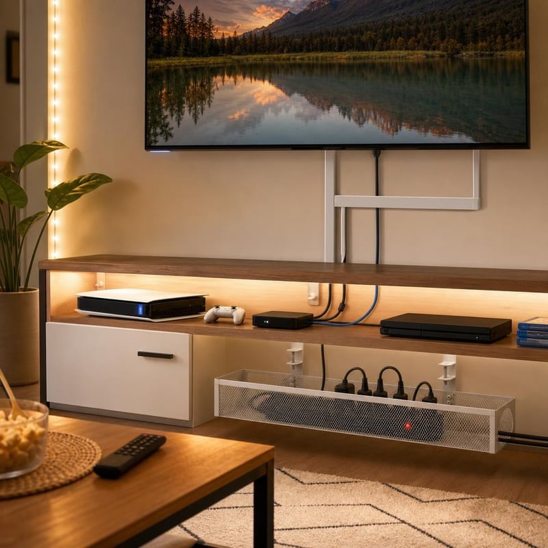 Organizér TV kútika: DP-HDMI kábel + HDMI 2.1 kábel + lišty + držiak + 6 m smart LED