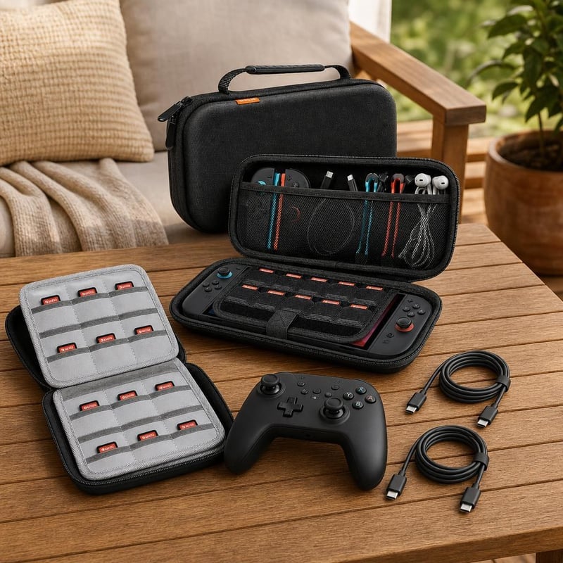 Cestovný set pre Switch 2: 1x puzdro + 1x box na 72 hier + 2x USB-C kábel + 1x bezdrôtový ovládač
