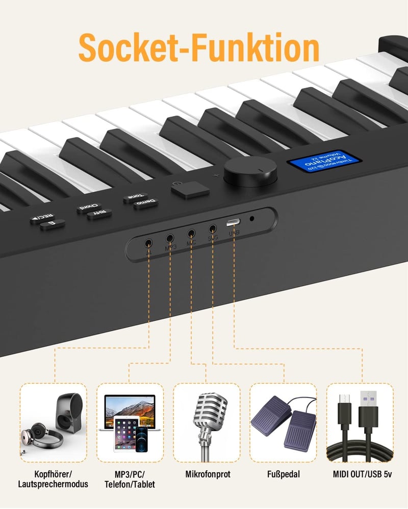 OYAYO 88 Billentyűs Összecsukható Digitális Zongora - Félsúlyozott Billentyűk, Bluetooth, MIDI, 128 Ritmus és Hangszín, Kezdőknek