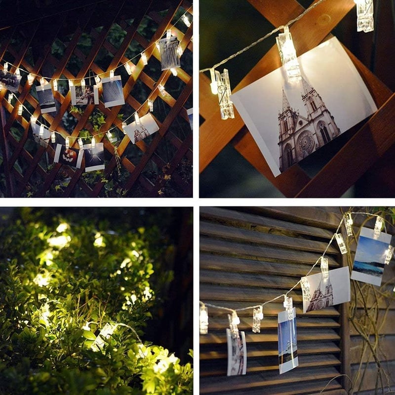 Adurei LED Fotócsipesz Fényfüzér 5m - 50 LED Meleg Fehér Világítás, Távirányítós, Elemes, 8 Fénymód, Bel- és Kültéri Használatra, Vízálló