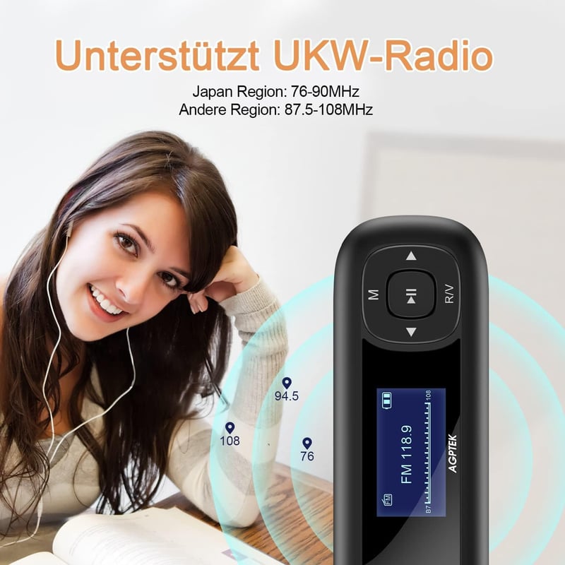 AGPTEK 40GB MP3 Lejátszó USB-vel, FM Rádióval és Felvevővel - Fekete-Piros