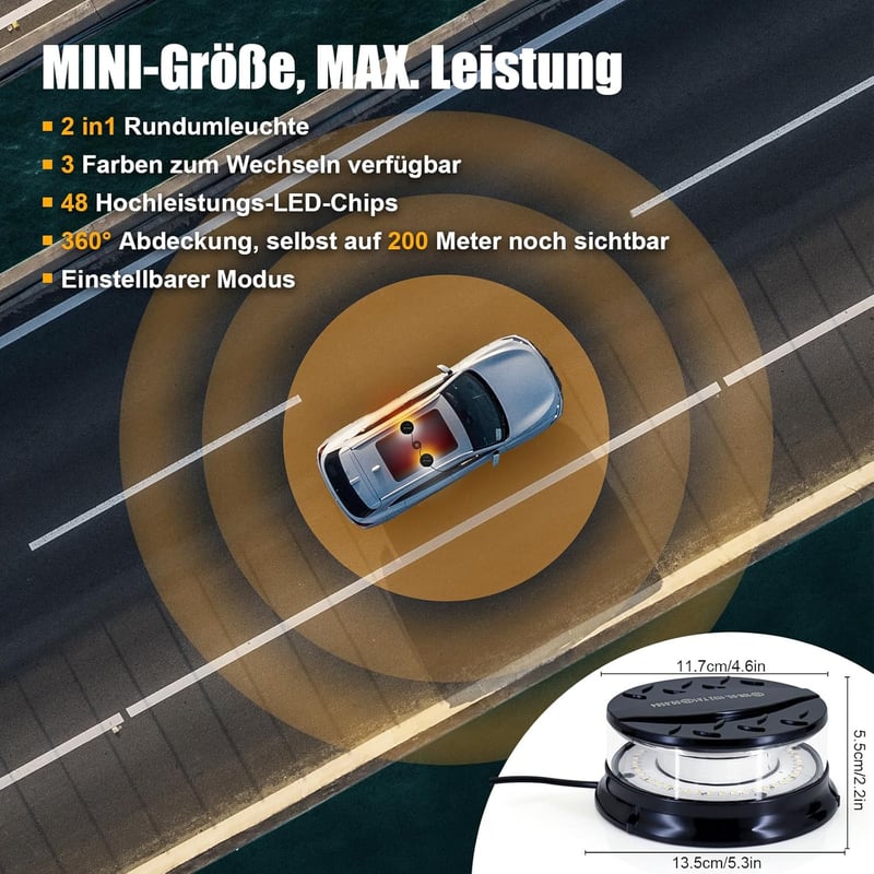 Dinfu LED Forgó Jelzőfény 12V - Mágneses Tetőlámpa 16 Üzemmóddal, 3 Színben, Vízálló, Autó, Traktor, Teherautó, SUV Járművekhez, 3m Kábellel