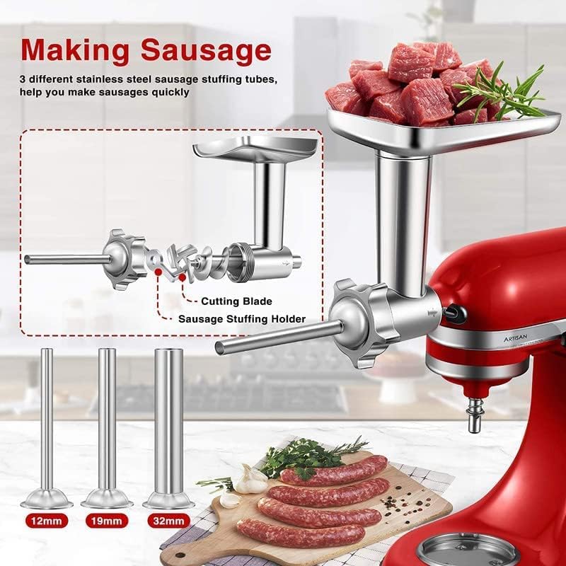 KitchenAid Artisan húsdaráló szett - rozsdamentes acél, 3 kolbásztöltővel, 4 tárcsával, 2 késsel és burgerpréssel