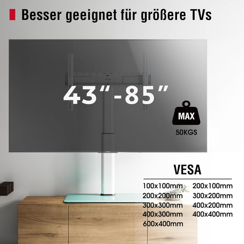 AOKCOS TV Állvány 1130 mm 43-75-85 Colos Televíziókhoz - Dönthető, Forgatható, Állítható Magasságú Univerzális Tartó, VESA 600x400mm, 50kg T