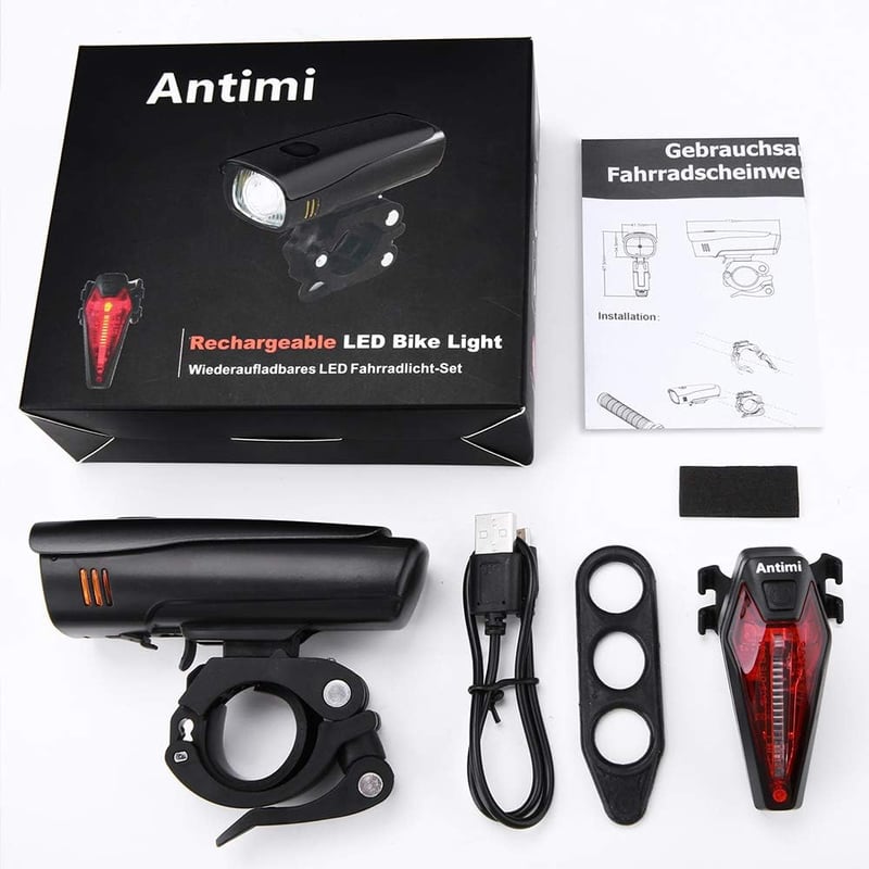 Antimi USB-s LED kerékpárlámpa szett, elöl-hátul, vízálló, 2600mAh