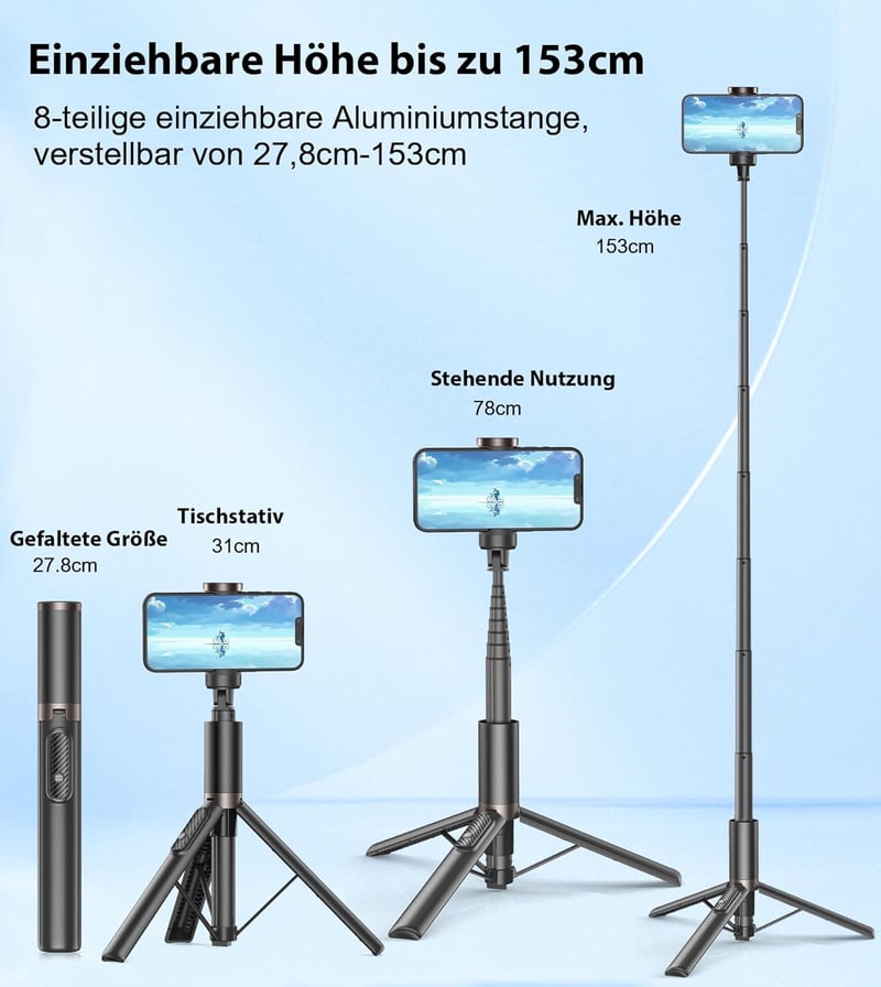TONEOF 153cm-es Forgatható Szelfibot Állvánnyal, Távirányítóval - iPhone, Android Kompatibilis
