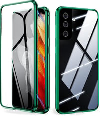 Samsung Galaxy S23 FE mágneses tok - 360° védelem, zöld alumínium keret, edzett üveg 1