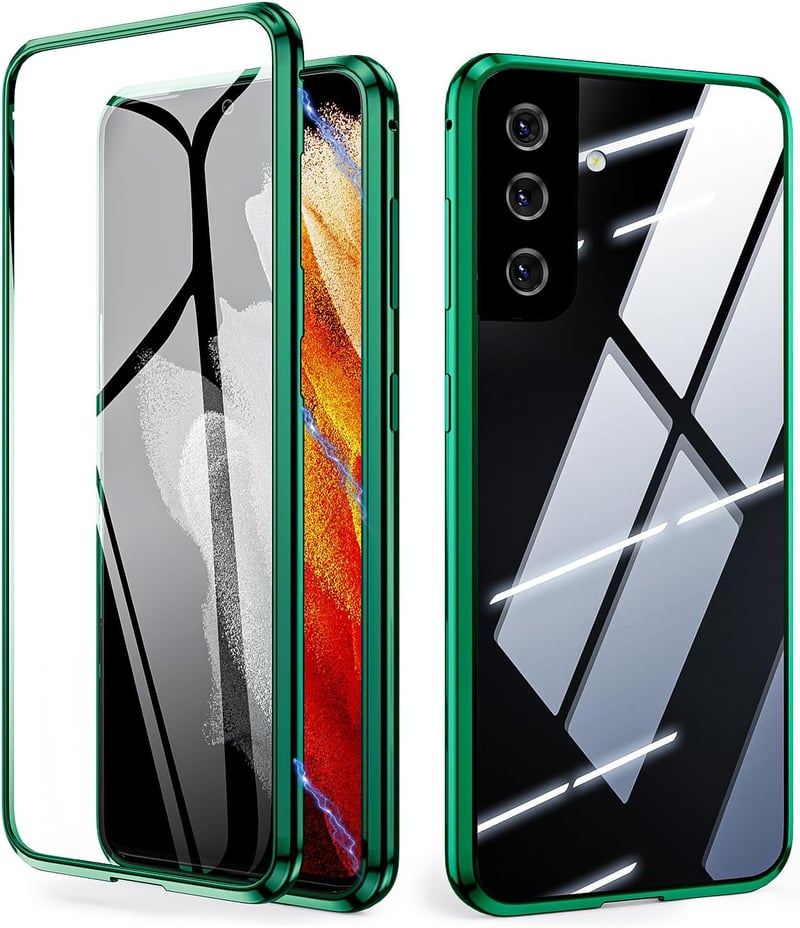 Samsung Galaxy S23 FE mágneses tok - 360° védelem, zöld alumínium keret, edzett üveg