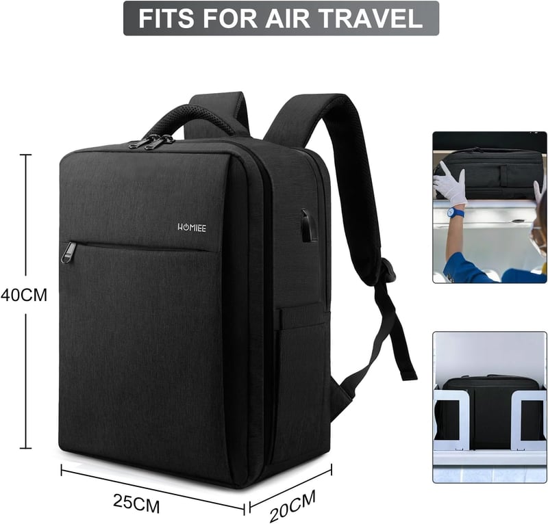 HOMIEE Ryanair Méretű Vízálló Laptop Hátizsák 40x20x25cm, 15,6" Fekete