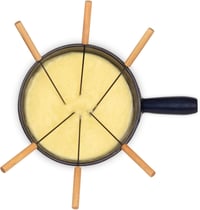 Mont JOUX Fondue készlet, 6 villával, kék öntöttvas edény, natúr fa talppal 6