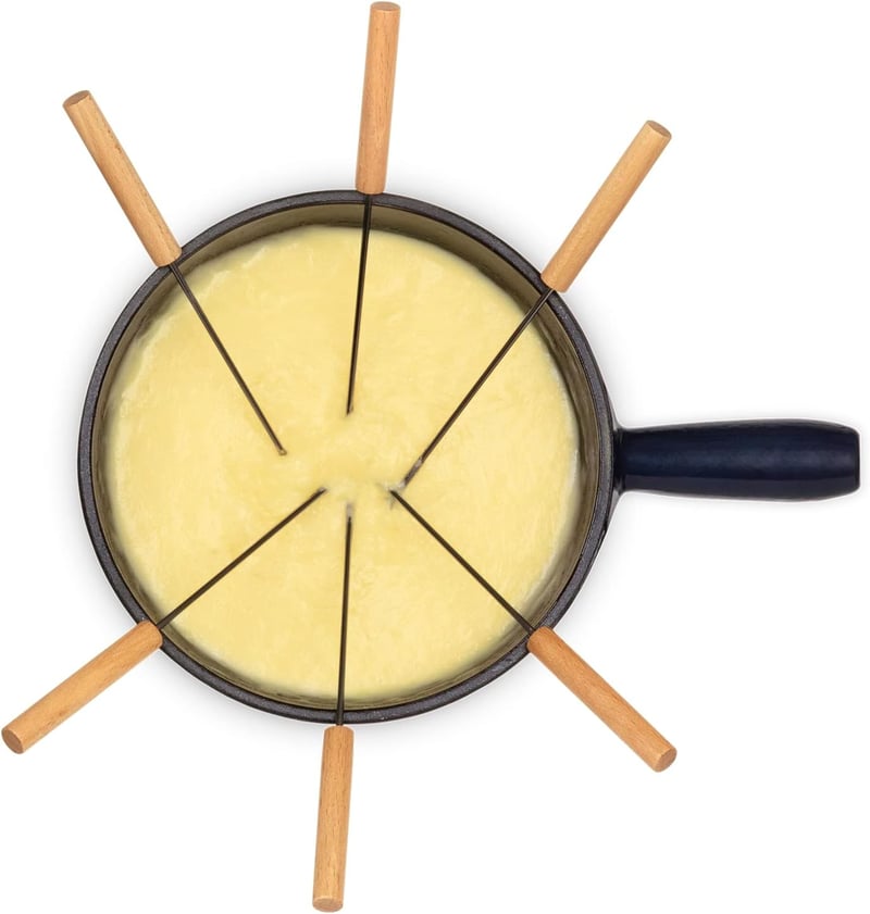 Mont JOUX Fondue készlet, 6 villával, kék öntöttvas edény, natúr fa talppal