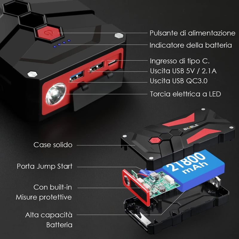 BIUBLE 12V-os autós indító powerbank LED lámpával és USB töltővel