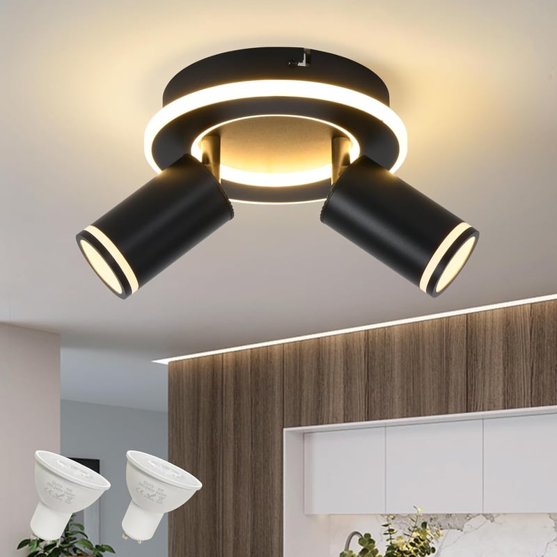 SANSHI Kerek Mennyezeti Spotlámpa 350° Forgatható, 15W+10W LED, Alsó Világítással, 2 GU10 Izzóval, 3000K Meleg Fehér, Modern Fekete Alumíniu