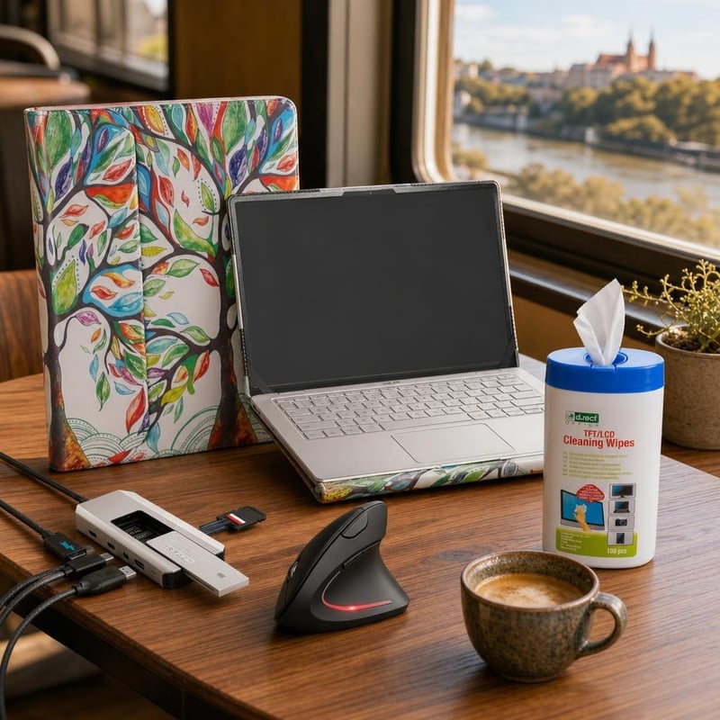 Balík pre prácu na cestách: 1x puzdro + 1x BT myš + 1x USB-C hub + 100x čistiace obrúsky
