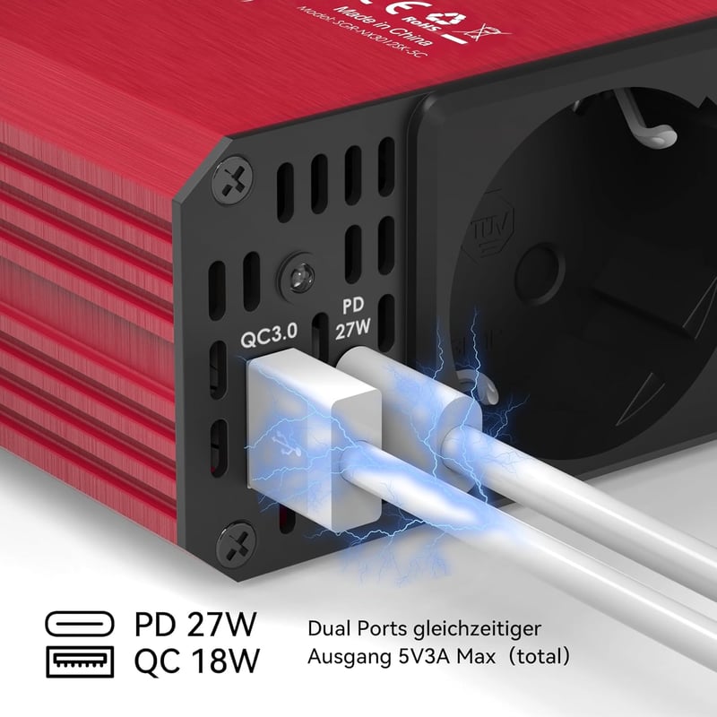 ALLWEI 300W Autós inverter 12V-230V, USB-C és USB portokkal, piros