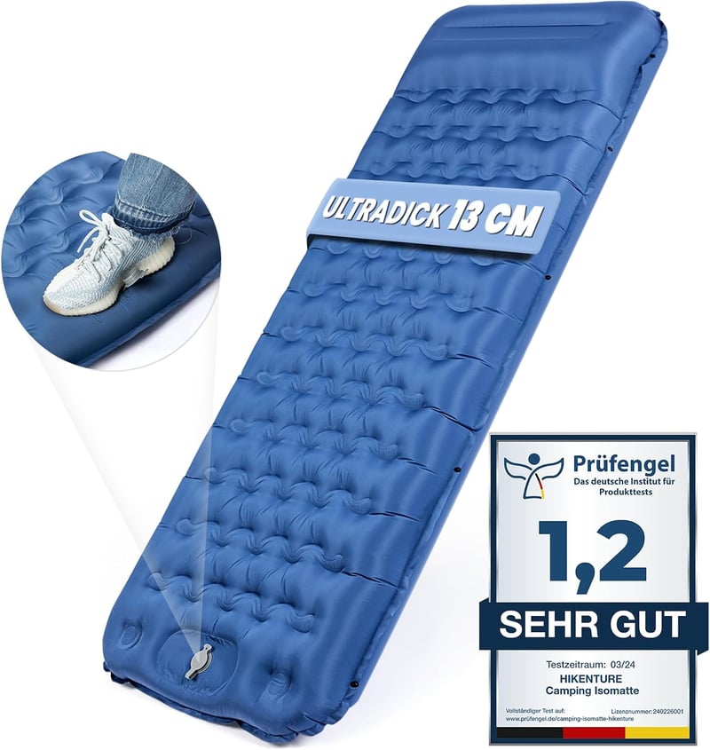 HIKENTURE Önfelfújó Kempingmatrac 13 cm Vastag, Párnával és Lábpumpával - Ultrakönnyű Túramatrac Kempingezéshez, Kiránduláshoz, 200x66 cm