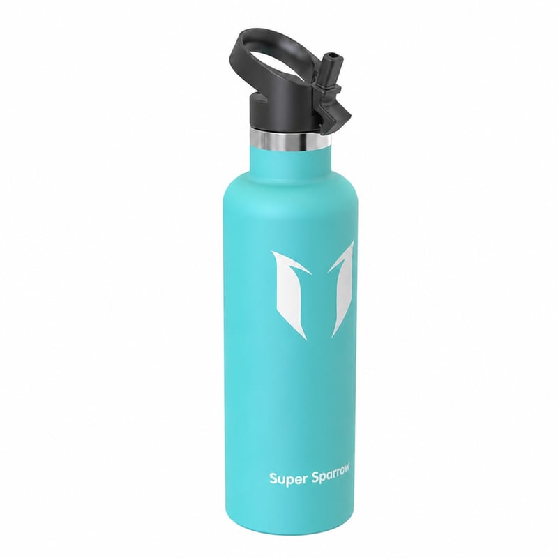 Super Sparrow termos boca od nehrđajućeg čelika 1000 ml, tirkizna, bez BPA, standardni otvor, s poklopcem sa slamkom i bambusovim poklopcem, H — set od 1 kom.