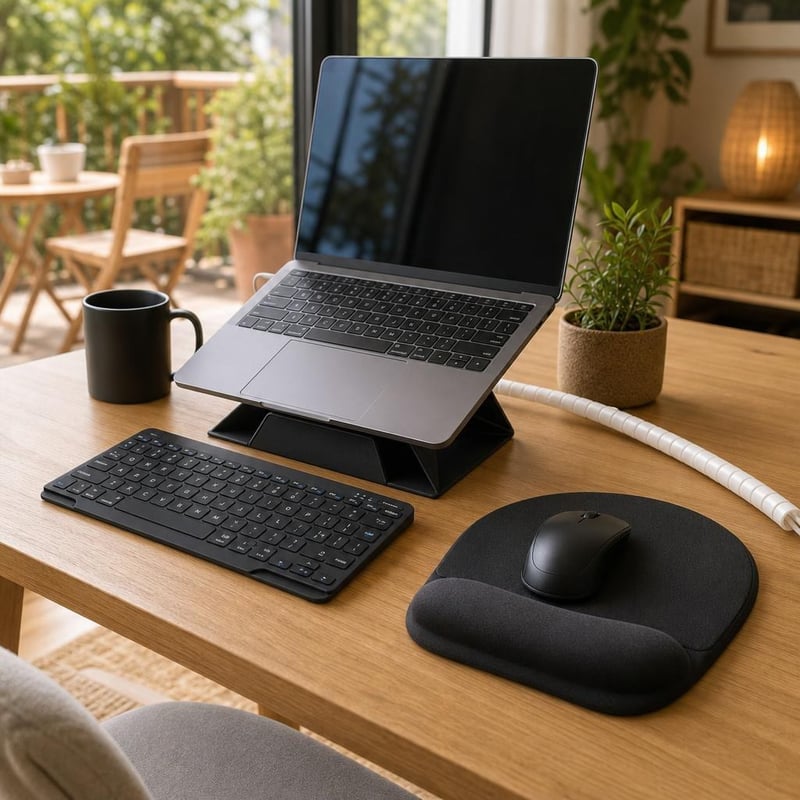 Laptopos komfort: Bluetooth billentyűzet + egérpad csuklótámasszal + laptopállvány + spirál kábelrendező