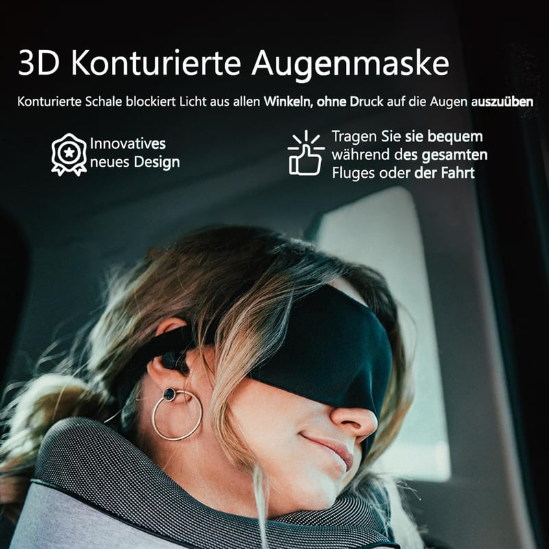 Proglobe Memóriahabos Nyakpárna Utazáshoz - Ortopéd Támasz Repülőre, Autóba, Vonatra - 3D Alvómaszk, Füldugó és Hálós Táska - Szürke