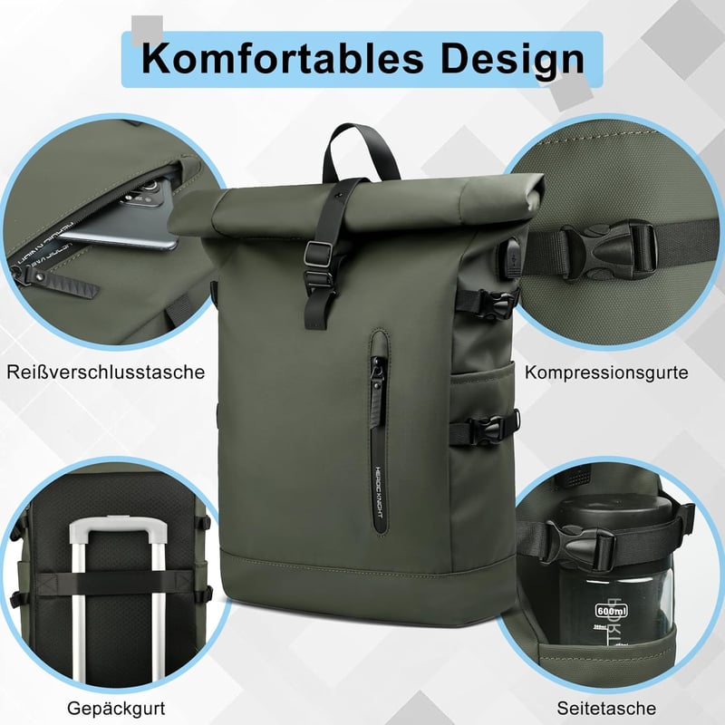 hk Rolltop Vízálló Hátizsák 27L - 15,6" Laptoptartóval, USB Porttal, Lopásbiztos Kialakítás, Unisex Városi Táska Egyetemre, Utazáshoz, Zöld