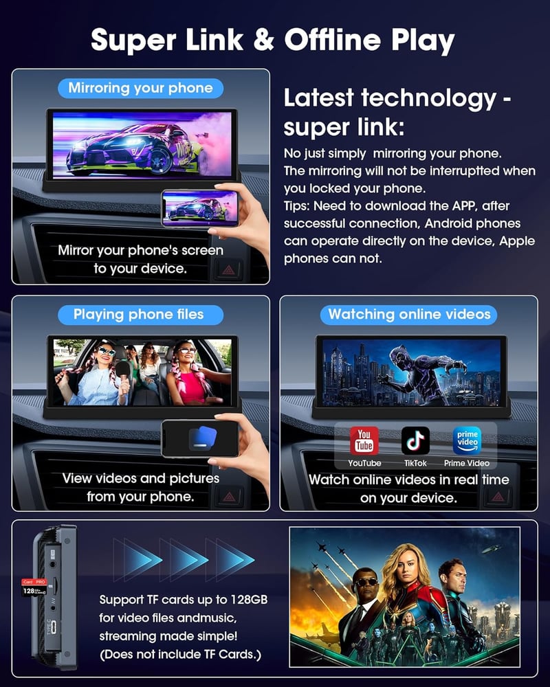 Jansite 10,26" Érintőképernyős CarPlay Android Autós Kijelző Állvánnyal - GPS Navigáció, Tolatókamera, Siri/Google Asszisztens, Vezeték Nélk
