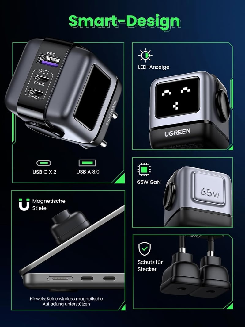 UGREEN Nexode RG 65W GaN USB-C gyorstöltő, 3 portos, LED kijelzős, MacBook/iPhone/Galaxy kompatibilis