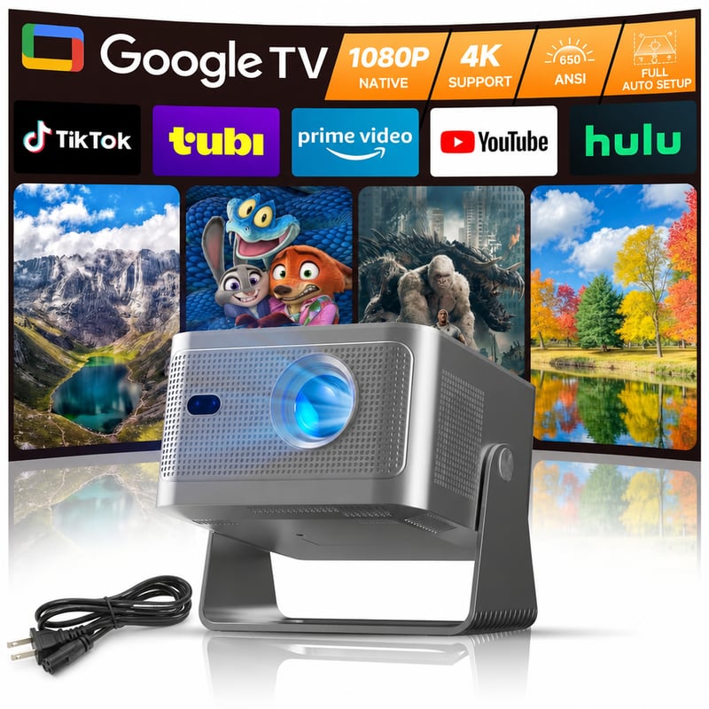 Mini projektor Alwtniet s Google TV, natívne rozlíšenie 1080P, podpora 4K, 650 ANSI, prenosný — bez diaľkového ovládača (stav: pozri 2. obrázok)