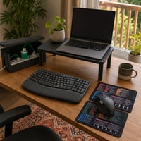 Ergonomikus munkasarok: vezeték nélküli billentyűzet + egér + 2 db egérpad + monitorállvány + kábelrendező 1