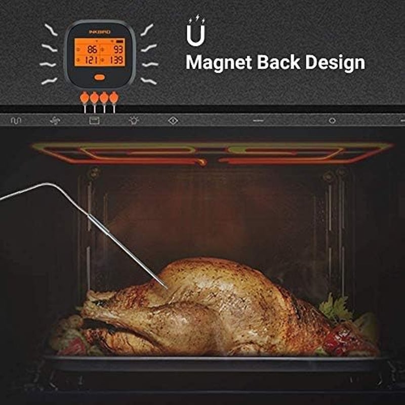 Inkbird IBBQ-4T WiFi Grillhőmérő 4 Szondával - Vízálló, USB Tölthető, Mágneses Húshőmérő Dupla Riasztással, Telefonos Applikációval