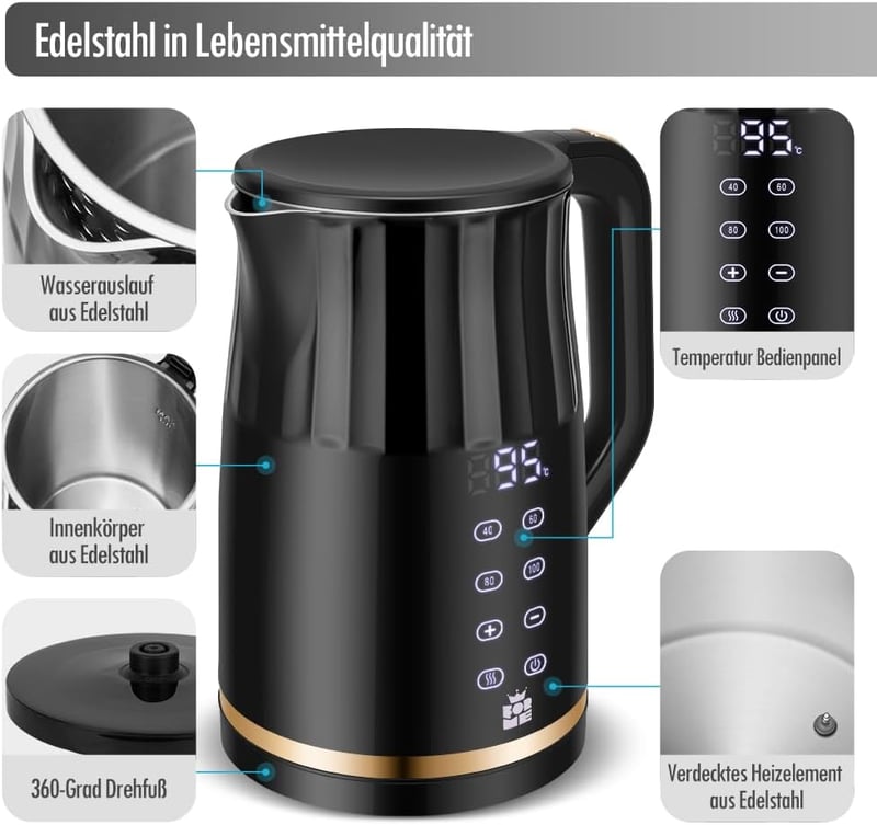 ForMe Rozsdamentes Acél Vízforraló 1,7L - Digitális LED Kijelző, 40-100°C Hőmérséklet Szabályozás, Melegen Tartó Funkcióval, Teafőzéshez, BP