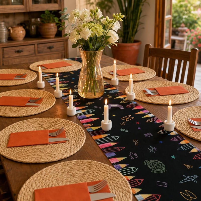 Set decor cină: vază sticlă + runner + 8 suporturi farfurie + 10 sfeșnice + 50 șervețele