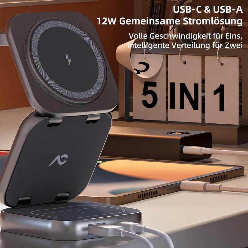 AC Island 5 az 1-ben MagSafe Kompatibilis iPhone Töltőállomás - Összecsukható Utazási Töltő iPhone 16/15/14/13/12, AirPods Pro, Apple Watch 