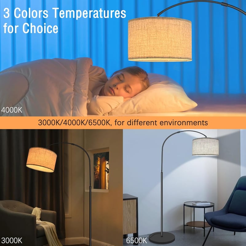 Fortand Ívelt Állólámpa - 12W LED E27 Lámpa 3 Színhőmérséklettel, Modern Olvasólámpa Bézs Lenvászon Ernyővel, Lábkapcsolós Retro Dizájn Napp