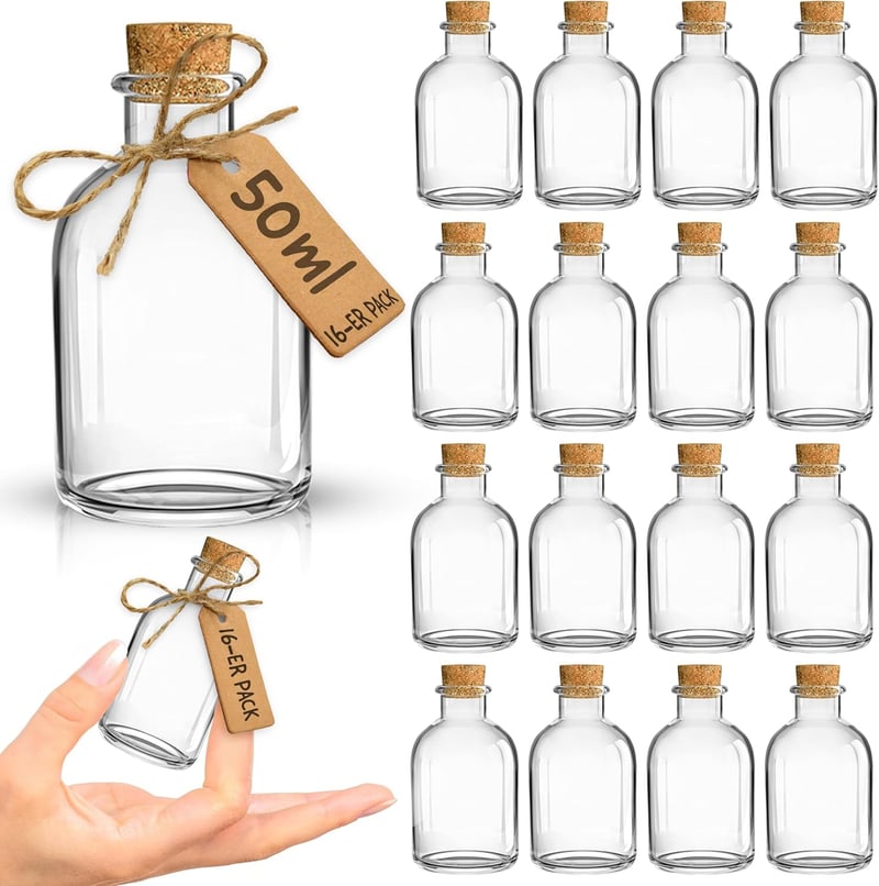 volila Mini Üvegpalackok Parafa Dugóval - 16 x 50 ml Kis Üvegek Esküvői Dekorációhoz - Tölcsérrel, Címkékkel és Zsinórral - Ajándék Vendégek