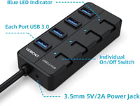 VEMONT USB 3.0 Hub 4 Port Aktív Adapter Tápegységgel és Kapcsolóval 4