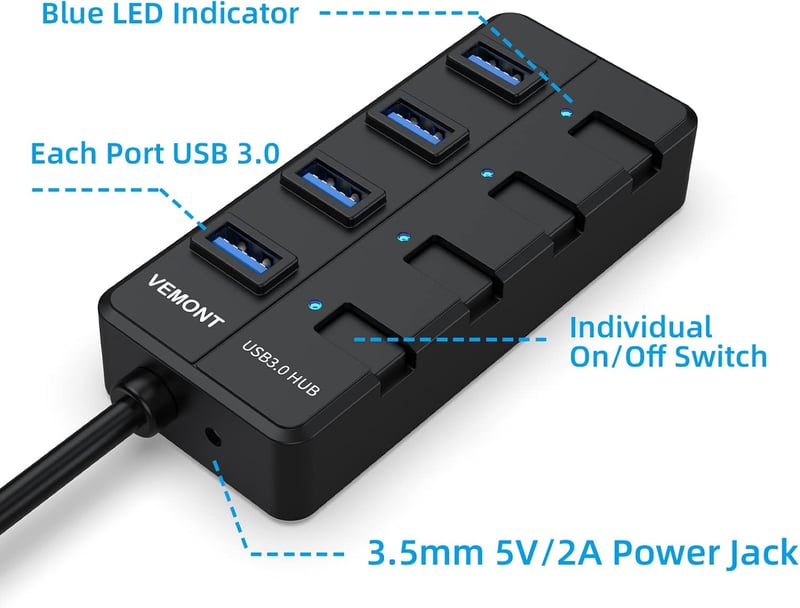 VEMONT USB 3.0 Hub 4 Port Aktív Adapter Tápegységgel és Kapcsolóval