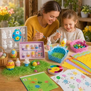Uskrsni kreativni set: 15 gipsanih figura + 30 košarica + 200g punjenja + 12 boja za otiske + 32 lista