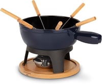 Mont JOUX Fondue készlet, 6 villával, kék öntöttvas edény, natúr fa talppal 2