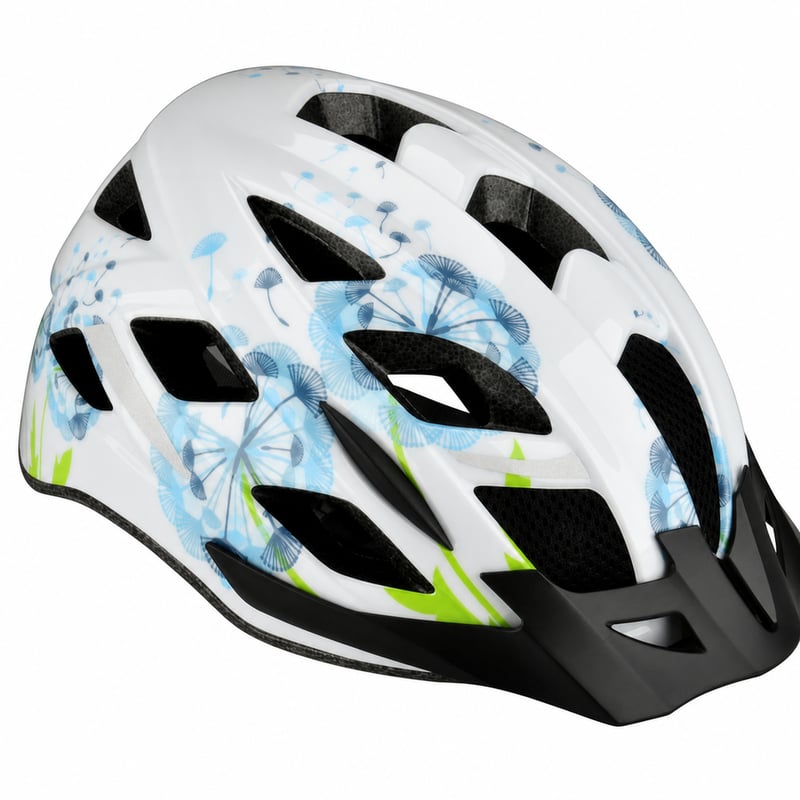 Cyklistická prilba Fischer Urban Flower s bielym kvetinovým vzorom, veľkosť S/M pre obvod hlavy 52-59 cm — bez zadného sťahovania (stav: pozri 2. obrázok)