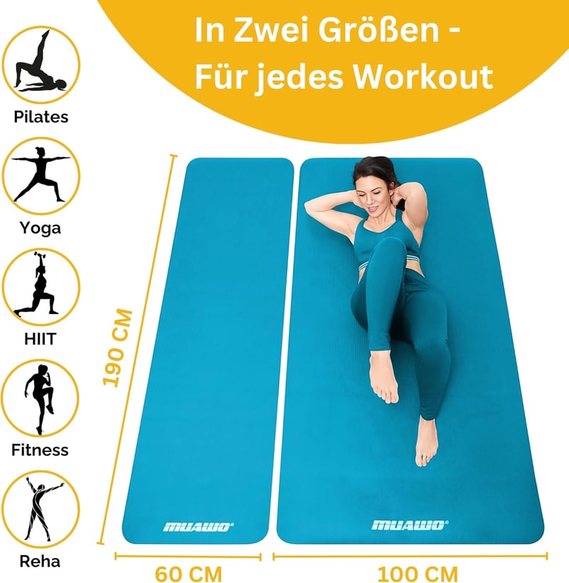 Muawo Prémium Fitness Matrac - Extra Vastag (1,5 cm) és Hosszú (190 cm) Csúszásmentes Jóga és Tornaszőnyeg, Sötétkék, NBR Habból, 