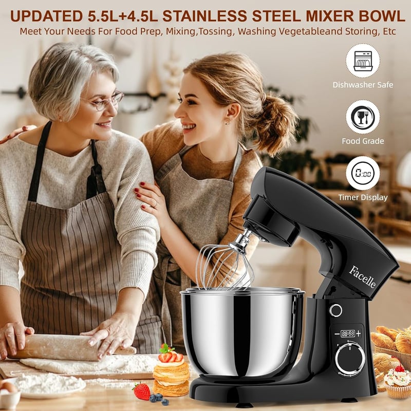 Facelle Konyhai Robotgép 1500W - 5,5L és 4,5L Rozsdamentes Acél Tálakkal, 10+P Sebességfokozattal, Dagasztó, Keverő és Habverő Tartozékokkal