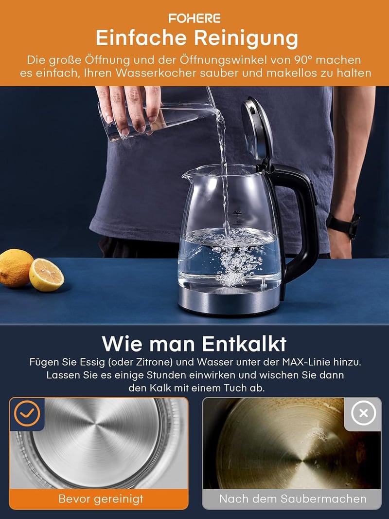 FOHERE üveg vízforraló 5 hőfokbeállítással, LED-del, melegen tartó funkcióval, 1.7L