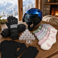 Ski paket: kaciga s vizirom + skijaške rukavice + 6 pari termo čarapa + 32 posudice za balzam 1